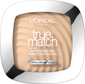 Puder L'Oréal True Match z kwasem hialuronowym, beżowy, w białym kwadratowym kompakcie, widok z góry.