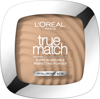 L'Oréal Paris True Match beżowy puder do twarzy z kwasem hialuronowym, w kwadratowym kompakcie, widok z góry.