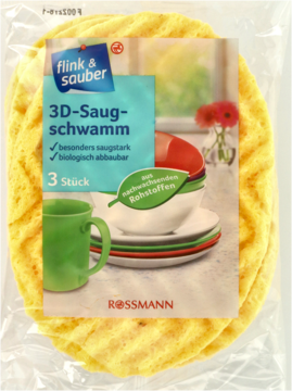 Przezroczyste opakowanie trzech żółtych gąbek 3D flink & sauber Rossmann, widok z przodu.