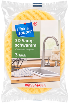 Rossmann flink & sauber 3D Saug-schwamm, 3 sztuki, żółte gąbki celulozowe w opakowaniu z widokiem na kuchnię.