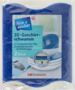 Dwa niebieskie zmywaki do naczyń flink & sauber 3D, idealne do non-stick, w przezroczystym opakowaniu, widok z przodu.