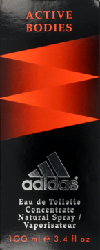Czarne pudełko perfum Adidas Active Bodies 100ml, z pomarańczowym napisem i czerwonym zygzakiem.
