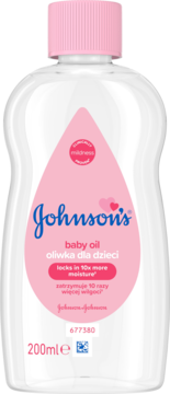 Johnson's baby oil 200ml w przezroczystej butelce o kształcie klepsydry z różową nakrętką i etykietą, widok z przodu.