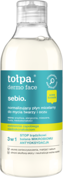 Tołpa dermo face sebio płyn micelarny normalizujący, w przezroczystej butelce z turkusową etykietą, widok z przodu.