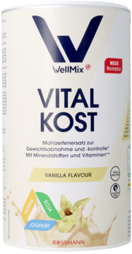 WellMix Vital Kost, beżowy pojemnik na waniliowy koktajl, zamiennik posiłku do kontroli wagi.