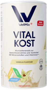 WellMix Vital Kost, beżowy pojemnik na waniliowy koktajl, zamiennik posiłku do kontroli wagi.