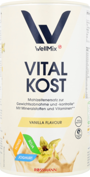 WellMix Vital Kost, waniliowy środek zastępujący posiłek, biała puszka, widok z przodu, z grafiką płynu i kwiatów.