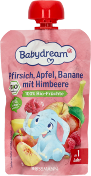 Różowa saszetka Babydream puree owocowe z rysunkiem słonia: brzoskwinia, jabłko, banan, maliny, dla dzieci od 1 roku.