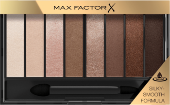Paleta cieni Max Factor Masterpiece Nude 01, 8 brązowo-beżowych odcieni (mat/satyna/błysk), z aplikatorem, widok z góry.