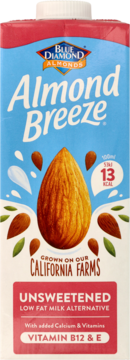Almond Breeze niesłodzone niskotłuszczowe mleko migdałowe UHT, z przodu opakowania duży migdał, 13 kcal.