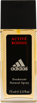 Dezodorant Adidas Active Bodies 75ml, przezroczysta butelka z czarną etykietą i czerwonym napisem, widok z przodu.