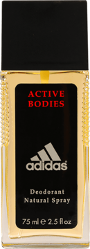 Dezodorant Adidas Active Bodies 75ml, przezroczysta butelka z czarną etykietą i czerwonym napisem, widok z przodu.