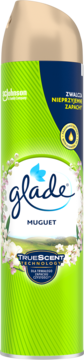 Glade Muguet odświeżacz w aerozolu, zielono-niebieska puszka, widok z przodu, z technologią Truescent.