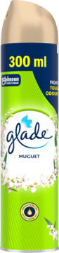 Glade Muguet, zielony odświeżacz powietrza w aerozolu 300 ml, z grafiką konwalii, widok z przodu.
