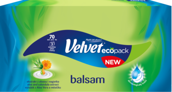 Velvet ecopack Balsam, 70 szt., 3-warstwowe chusteczki, z bliska. Zielono-niebieskie opakowanie z napisem NEW.