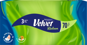 Chusteczki Velvet Balsam, zielono-niebieskie opakowanie 3-warstwowe, 70 sztuk, widziane z przodu.