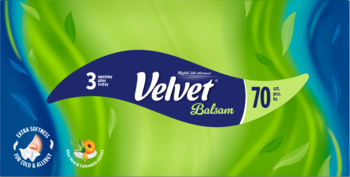 Velvet Balsam chusteczki 3-warstwowe, 70 sztuk, w zielono-niebieskim opakowaniu z motywem liści, przód.