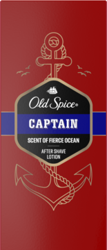 Front czerwonego opakowania Old Spice Captain After Shave Lotion, z niebieską etykietą i dużą złotą kotwicą.