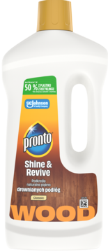 Biała butelka Pronto Shine & Revive płyn do drewna, złota nakrętka, etykieta z fakturą drewna i napisem WOOD, widok z przodu.