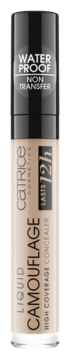 Catrice Liquid Camouflage korektor, jasnobeżowa butelka z czarną nakrętką i napisem WATERPROOF, widok z przodu.