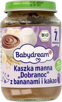 Słoik Babydream Kaszka manna Dobranoc z bananami i kakao, widok z przodu, dla dzieci od 7. miesiąca.