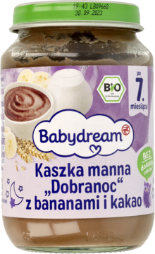Słoik Babydream Kaszka manna Dobranoc z bananami i kakao, widok z przodu, dla dzieci od 7. miesiąca.