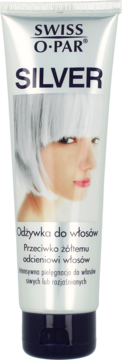 Srebrna tubka odżywki Swiss-o-Par Silver do włosów siwych lub rozjaśnianych, z czarną nakrętką, widok z przodu.