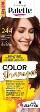 Schwarzkopf Palette Color Shampoo 244 Czekoladowy Brąz, opakowanie z uśmiechniętą modelką, bez amoniaku.