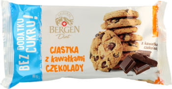 Bergen Diet ciastka z kawałkami czekolady, bez dodatku cukru. Białe opakowanie, widoczne ciastka.