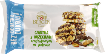 Biało-niebieskie opakowanie ciastek Bergen Diet bez cukru, z orzechami arachidowymi w polewie, widok z przodu.