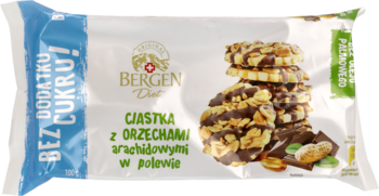 Biało-niebieskie opakowanie ciastek Bergen Diet bez cukru, z orzechami arachidowymi w polewie, widok z przodu.
