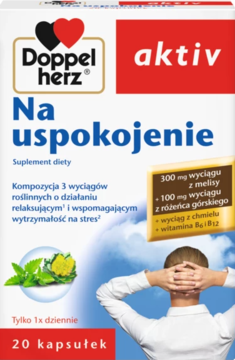 Białe opakowanie Doppelherz aktiv Na uspokojenie 20 kapsułek. Z przodu, osoba relaksująca się na tle chmur.