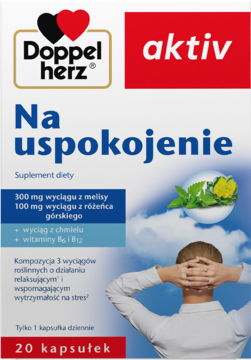 Doppelherz Na uspokojenie, białe pudełko z relaksującą osobą, suplement diety, 20 kapsułek.