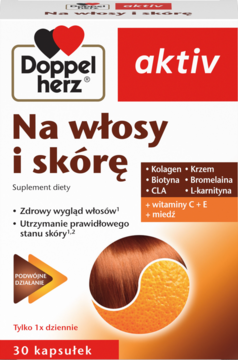 Biało-czerwone opakowanie Doppelherz Na włosy i skórę, suplement diety z kolagenem, biotyną i witaminami.