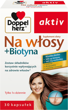 Białe pudełko suplementu Doppelherz aktiv Na włosy + Biotyna, 30 kapsułek, widok z przodu, z kobietą.