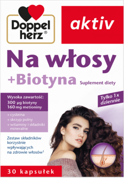 Doppelherz aktiv Na włosy + Biotyna, suplement diety w biało-czerwonym pudełku, 30 kapsułek, widok z przodu.