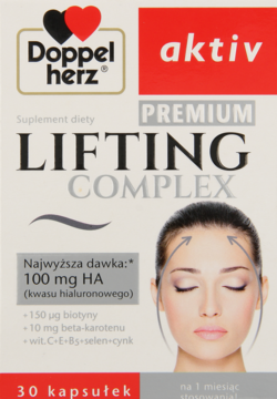 Białe opakowanie Doppelherz aktiv Lifting Complex Premium, suplement z 100mg HA dla skóry, widok z przodu.
