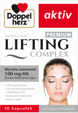 Białe pudełko Doppelherz Premium Lifting Complex, suplement z 100mg HA na zmarszczki i jędrność skóry, widok z przodu.