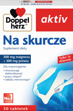 Biało-czerwone pudełko Doppelherz aktiv Na skurcze, suplement diety, z grafiką nóg i błyskawic, widok przód.