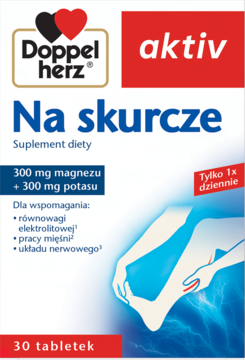 Doppelherz aktiv Na skurcze, 30 tabletek suplementu diety. Białe opakowanie, widok z przodu, z magnezem i potasem.