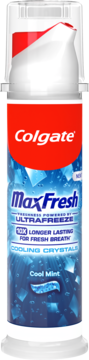 Colgate MaxFresh Cool Mint pasta do zębów w białej tubie z pompką, niebieski wzór z kryształkami, widok z przodu.