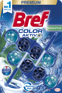 Opakowanie Bref WC Color Aktiv Eukaliptus, niebieski odświeżacz toaletowy z jasnymi i ciemnymi kulkami, na tle wody.