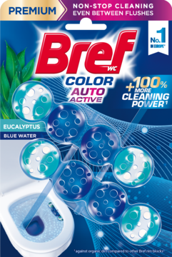 Front view of Bref Color Auto Active Eucalyptus Blue Water toilet cleaner package, blue spheres & toilet.