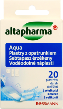 altapharma Aqua Plastry z opatrunkiem, wodoodporne, 20 sztuk, biało-niebieskie pudełko, widok z przodu.