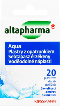 Opakowanie Altapharma Aqua plastry z opatrunkiem, 20 sztuk w 3 rozmiarach, wodoodporne, widok z przodu.