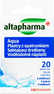 Biało-niebieskie opakowanie wodoodpornych plastrów altapharma Aqua, 20 sztuk w 3 rozmiarach, widok z przodu.