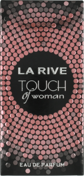 Czarne opakowanie La Rive Touch of Woman woda perfumowana, z różowymi brokatowymi kropkami i srebrnym napisem.