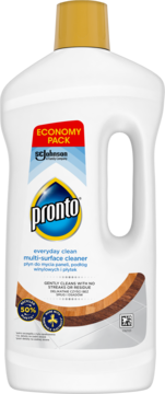Biała butelka Pronto multi-surface cleaner, Economy Pack, z żółtą zakrętką i etykietą, widok z przodu.