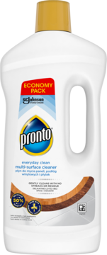 Biała butelka Pronto multi-surface cleaner, Economy Pack, z żółtą zakrętką i etykietą, widok z przodu.