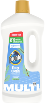 Biała butelka Pronto Easy Clean Multi do podłóg, niebieska etykieta z liśćmi, złota nakrętka, widok z przodu.